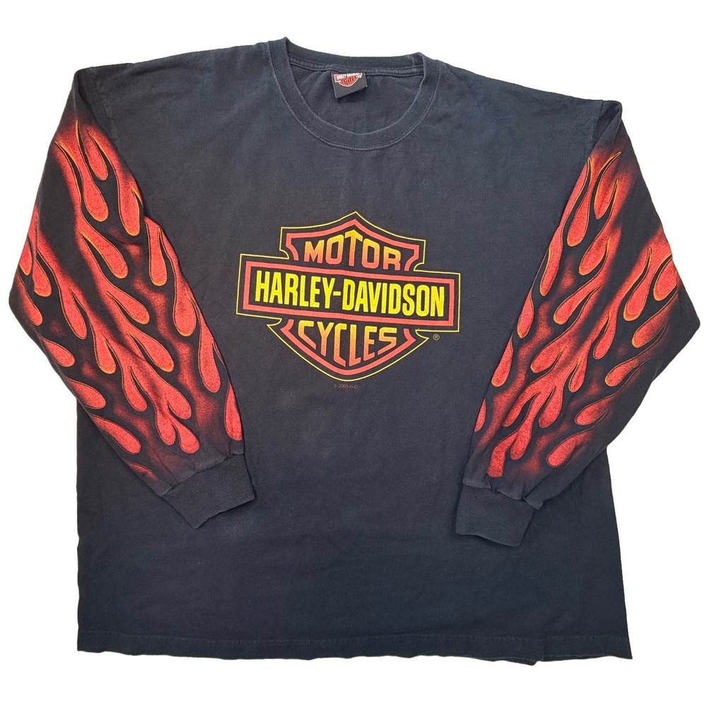 Vintage 2005 Harley Davidson Bleu Bayou Flames Long Sleeve T-Shirt Mens 3XL LA